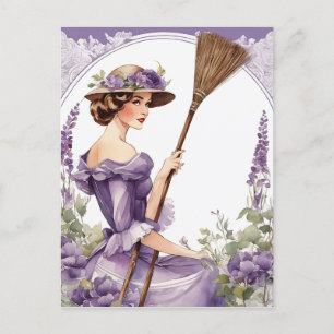 Carte Postale Dame sur arrière - plan, vintage violet Broom clip