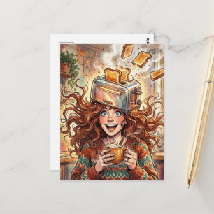 Carte Postale Dame surréaliste avec un grille-pain sur la tête 