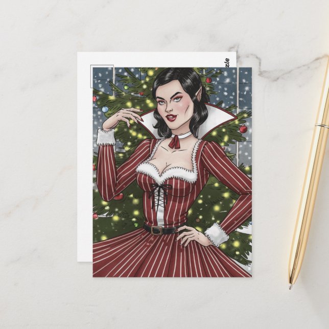 Carte Postale Dame Vampire en robe rouge avec rayures Noël (Devant/Arrière en situation)