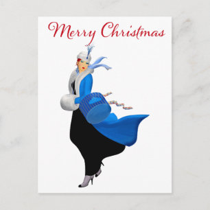 Carte Postale Dame vintage en bleu pour voeux de Noël