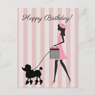 Carte Postale Dame vintage marchant caniche noir Joyeux Annivers