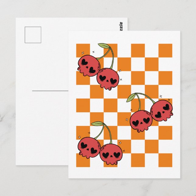 Carte Postale Damier Crâne Cerise – Art mural punk (Devant / Derrière)