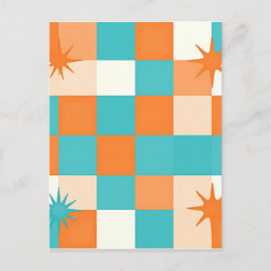 Carte Postale Damier en Teal Orange Éclaté Rétro