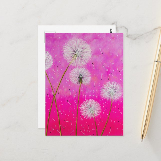 Carte Postale Dandelions Abstrait Peinture, Fleurs roses Art (Devant/Arrière en situation)