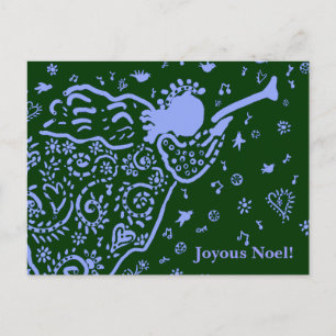 Carte postale d'ange à trompette bleue et verte