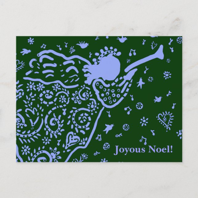 Carte postale d'ange à trompette bleue et verte (Devant)