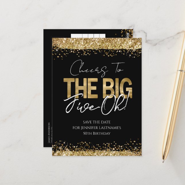 Carte postale d'anniversaire 50 ans or noir à sauv (Devant/Arrière en situation)