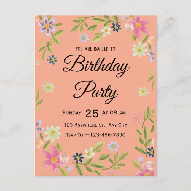 Carte postale d'anniversaire à l'aquarelle florale (Devant)
