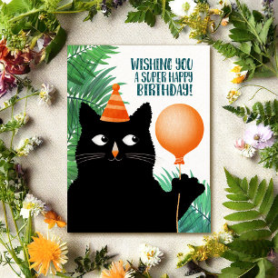 Carte postale d'anniversaire avec chat noir et bal