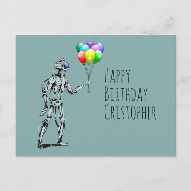 Carte postale d'anniversaire avec robot et ballons (Devant)