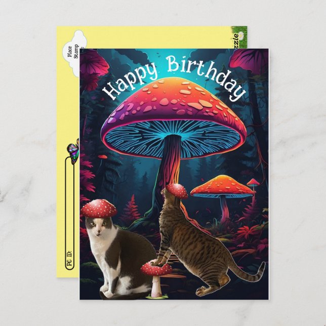 Carte postale d'anniversaire Champignons et chats  (Devant / Derrière)