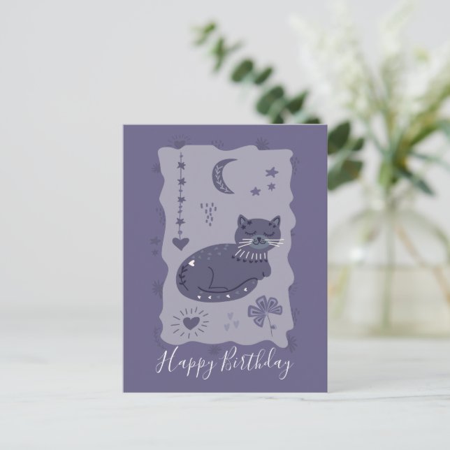 Carte postale d'anniversaire de chat nocturne fant (Debout devant)