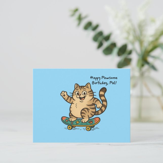 Carte postale d'anniversaire de chat tigré en skat (Debout devant)