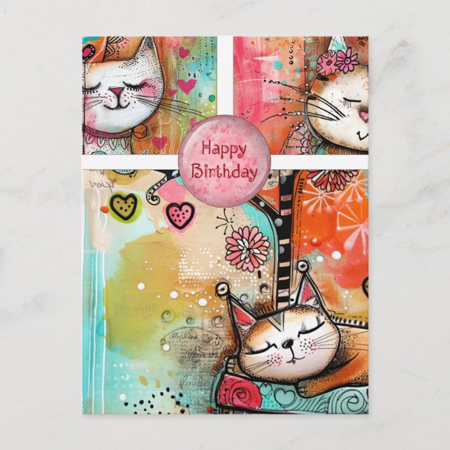 Carte postale d'anniversaire de chats colorés (Devant)