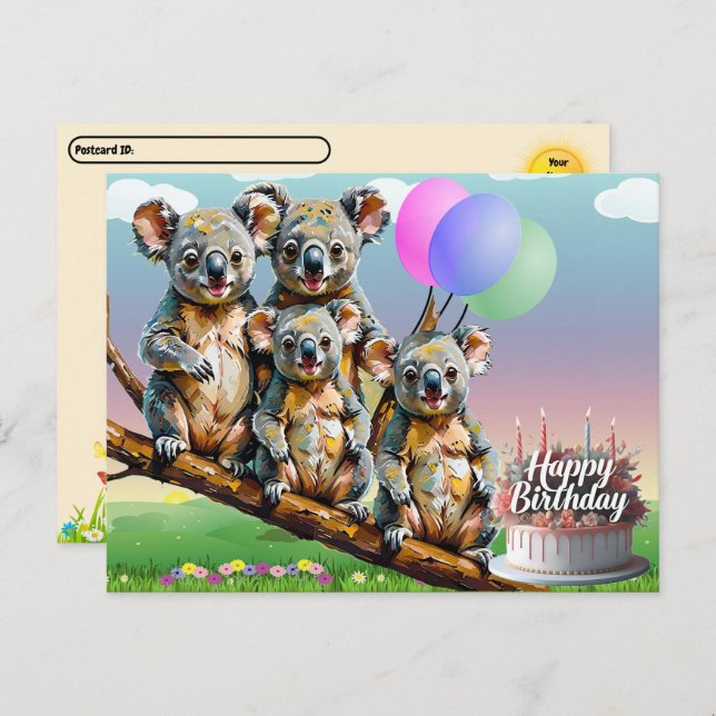 Carte postale d'anniversaire de la famille Koala P (Devant / Derrière)