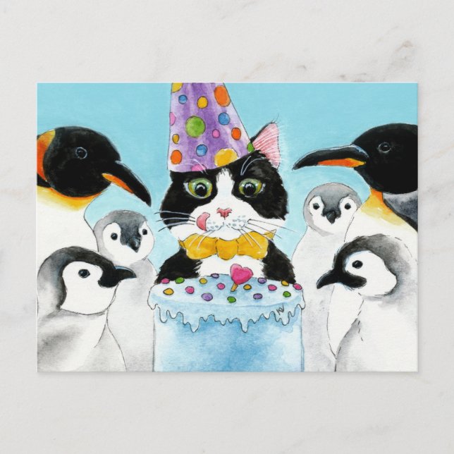 Carte postale d'anniversaire de manchots chats smo (Devant)