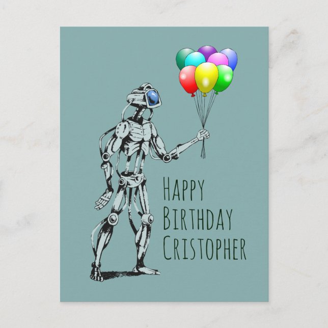 Carte postale d'anniversaire de robot avec ballons (Devant)