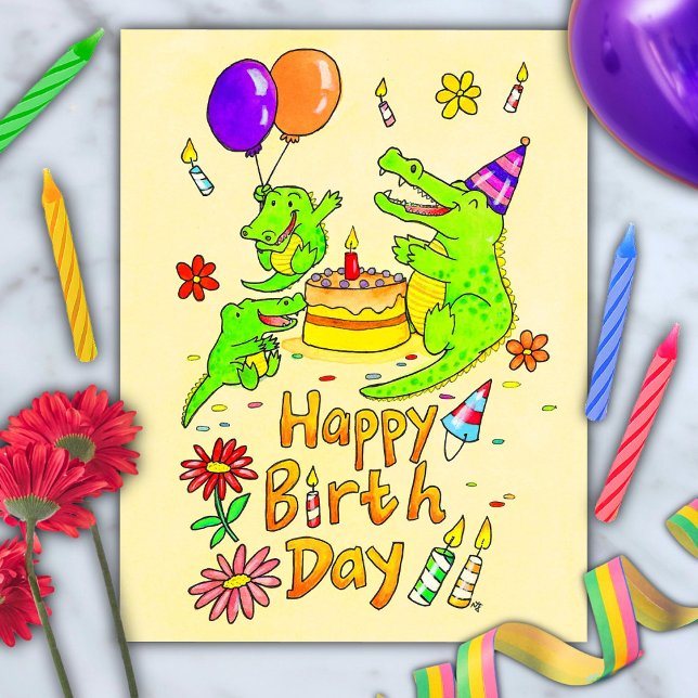 Carte postale d'anniversaire d'un crocodile mignon (Créateur téléchargé)