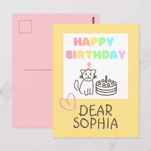 Carte postale d'anniversaire féérique avec un chat (Devant / Derrière)