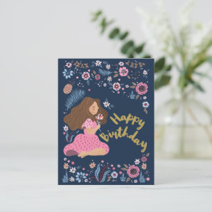 Carte postale d'anniversaire joyeux bleue avec fle