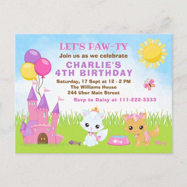 Carte postale d'anniversaire rose Château Chats Ch (Devant)