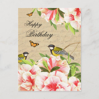 Carte postale d'anniversaire vintage avec oiseaux