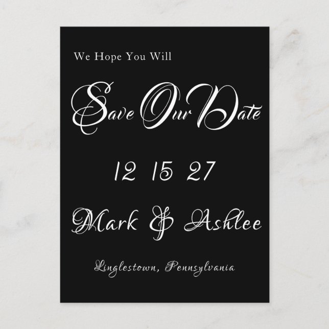 Carte postale d'annonce de date de mariage noir et (Devant)