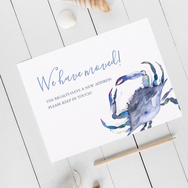 Carte postale d'annonce de déménagement du crabe b (Beach moving announcement postcards cards watercolor crab art Victoria Grigaliunas Do Tell A Belle)