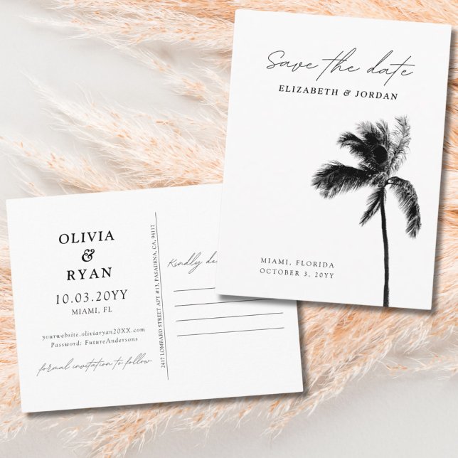 Carte postale d'annonce de mariage avec un élégant (Elegant Palm Tree Save the Date Postcard)