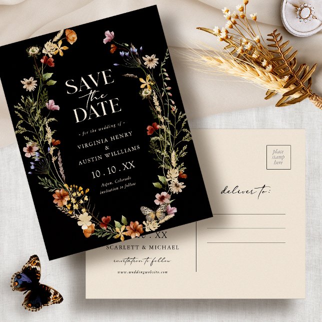 Carte postale d'annonce de mariage bohème noir (Black Boho Watercolor Floral Save The Date Postcard by Painted Paperie
)