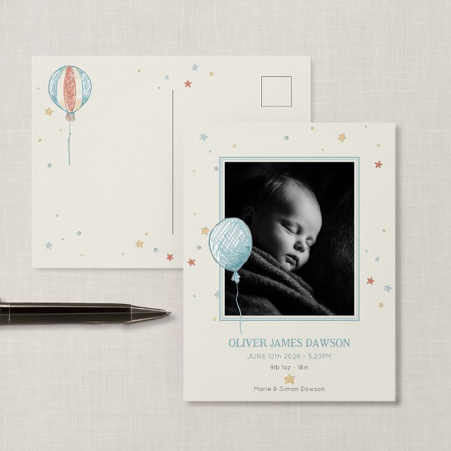 Carte postale d'annonce de nouveau-né Balloon Dayd (Balloon Daydream - New Baby Photo Postcard Announcement)
