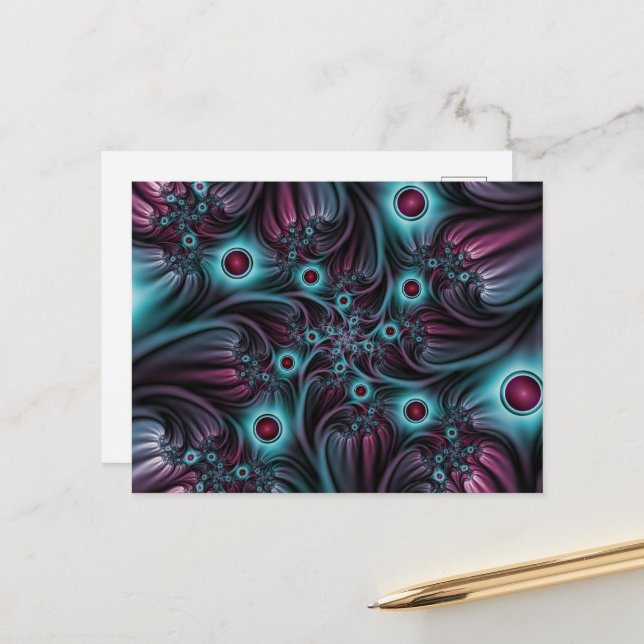 Carte Postale Dans l'abstrait fractal bleu profond rose (Devant/Arrière en situation)