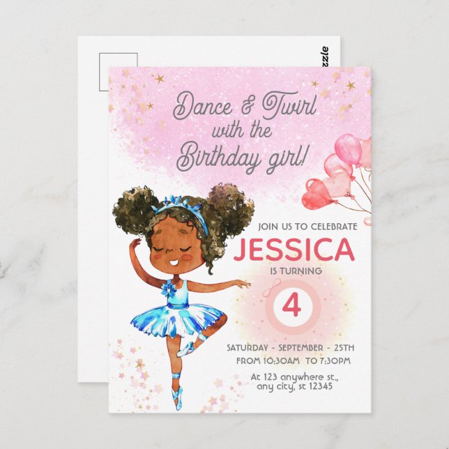 Carte Postale Danse et Twirl Balle rose fille Anniversaire (Devant / Derrière)