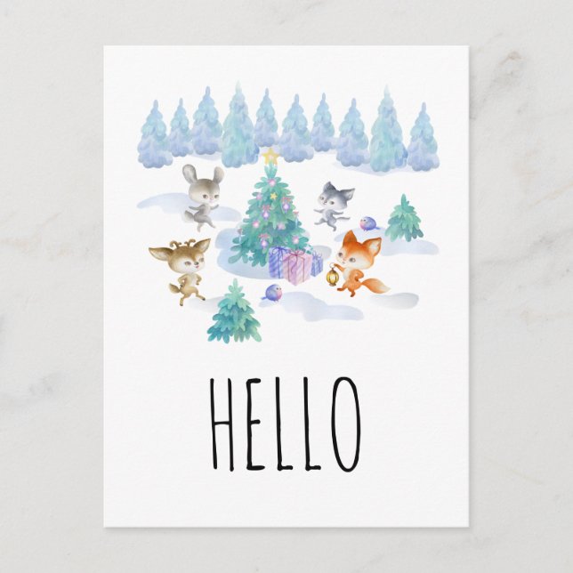 Carte Postale Danser Noël Forêt Animaux Aquarelle Bonjour (Devant)