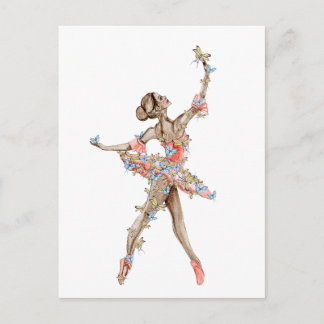 Carte Postale Danseuse de ballet à l'aquarelle avec papillon 