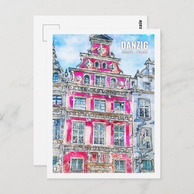 Carte Postale Danzig Gdansk Pologne Aquarelle de voyage (Devant / Derrière)