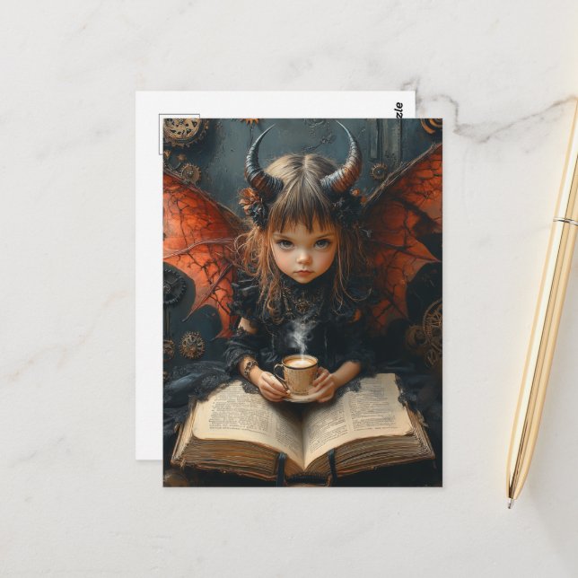 Carte Postale Dark Angel avec café et livre (Devant/Arrière en situation)