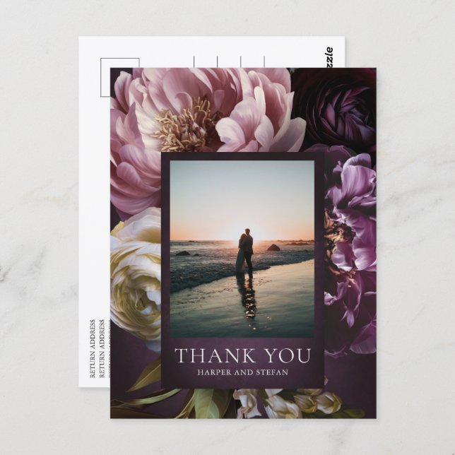Carte Postale Dark Purple Fine Art Floral Wedding Thank You (Devant / Derrière)