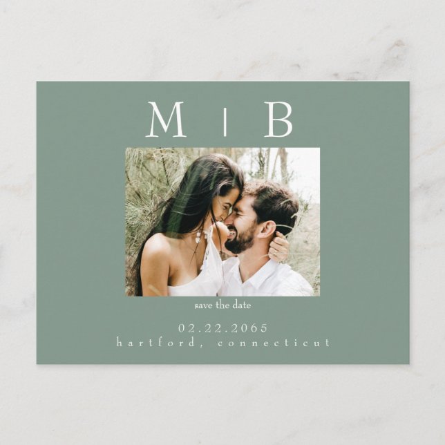 Carte Postale Dark Sage Couple Photo Wedding Enregistrer la date (Devant)