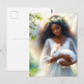 Carte Postale Dark-Skinned Angel Woman Holding Bunny Rabbit