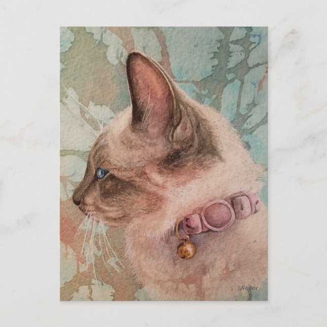 Carte postale d'art aquarelle Chat siamois Collier (Devant)