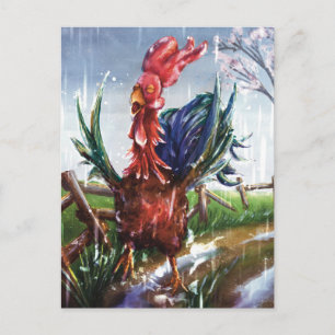 Carte postale d'art Coq Coloré sous la pluie de pr