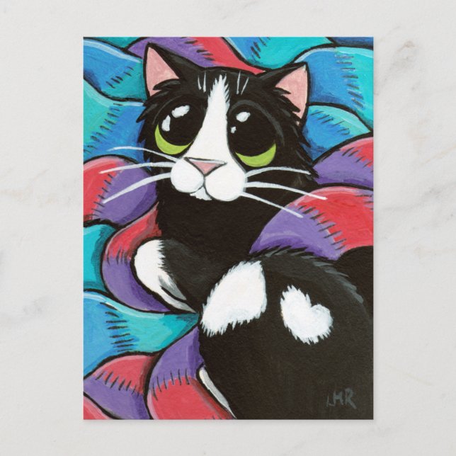 Carte postale d'art de chat Tuxedo reposant sur de (Devant)
