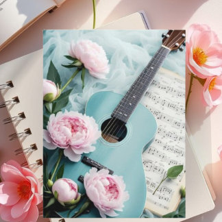Carte postale d'art de guitare bleue vintage et fl