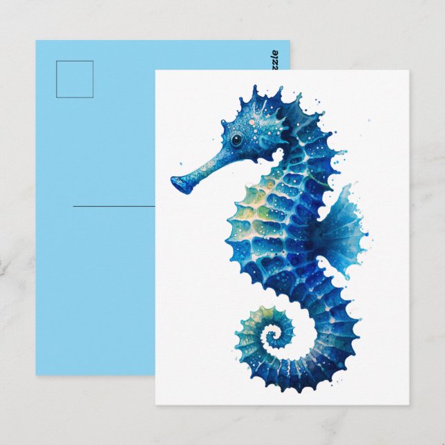 Carte postale d'art de hippocampe à l'aquarelle bl (Devant / Derrière)