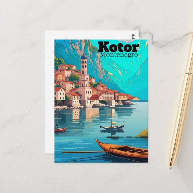 Carte postale d'art de voyage à Kotor Montenegro,  (Devant/Arrière en situation)