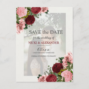 Carte Postale Date de mariage photo éteinte rose rouge Bourgogne