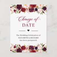 Date de mariage reportée Floral rouge bordeaux et
