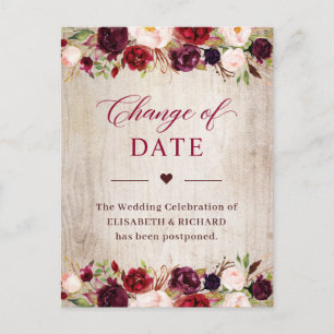 Carte Postale Date de mariage reportée Rustique Bois Floral Bour
