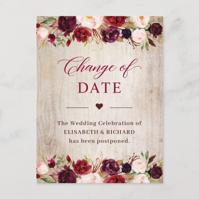 Carte Postale Date de mariage reportée Rustique Bois Floral Bour (Devant)